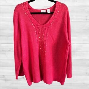 Kim Rogers plus Size 1XL Vibrant Pink Soft light Sweater, V-Neck Sequin Detail